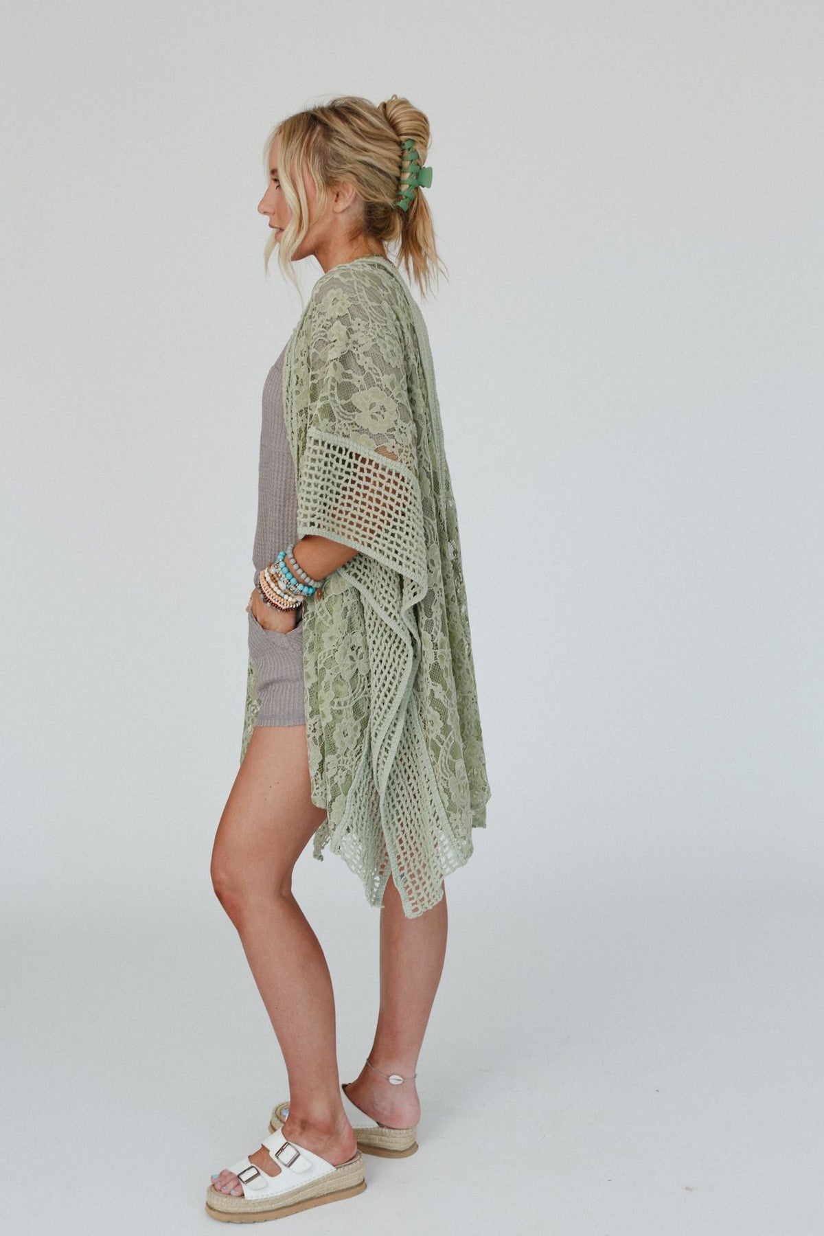 Breezy Floral Lace Kimono - Sage