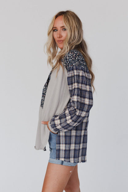 Better Together Mixed Print Top - Blue Gray