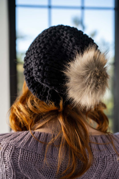 Aspen Waffle Knit Faux Fur Beanie - Black