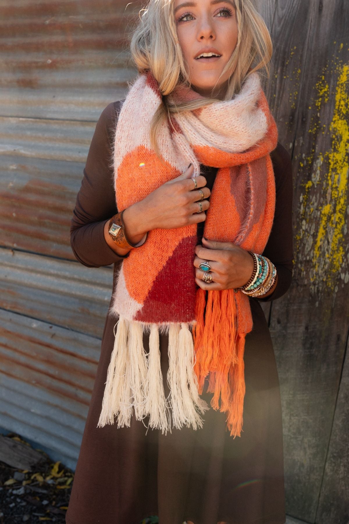 Groovy Swirl Tassel Scarf - Rust