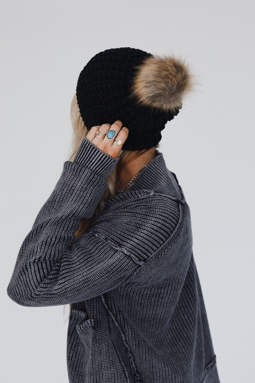 Aspen Waffle Knit Faux Fur Beanie - Black