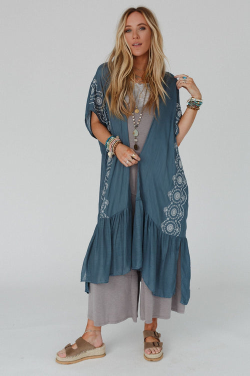 Coronado Embroidered Longline Kimono - Blue Gray