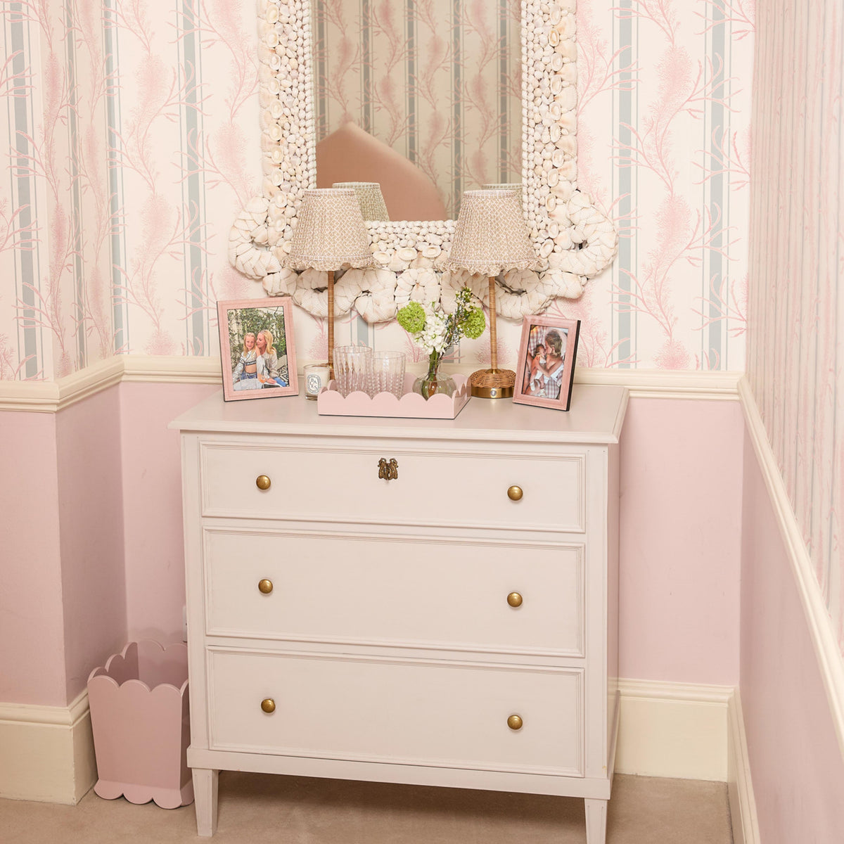 Soft Pink Scalloped Lacquer Waste Paper Bin