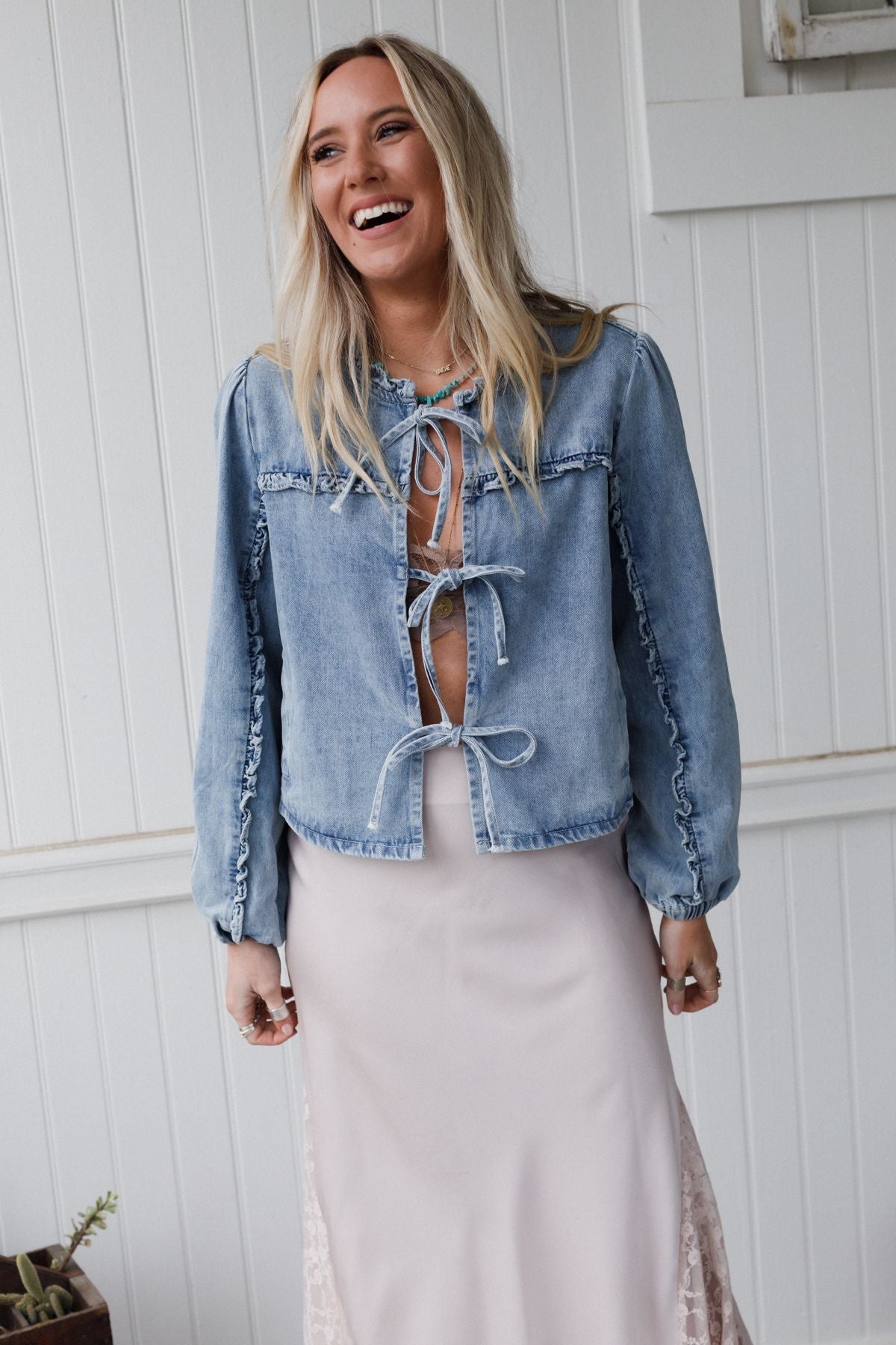 Adrian Tie Front Denim Jacket - Light Denim - Pre Order