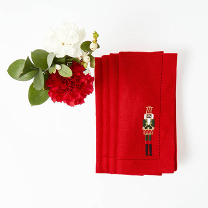 Red Nutcracker Embroidered Linen Napkins (Set of 4)