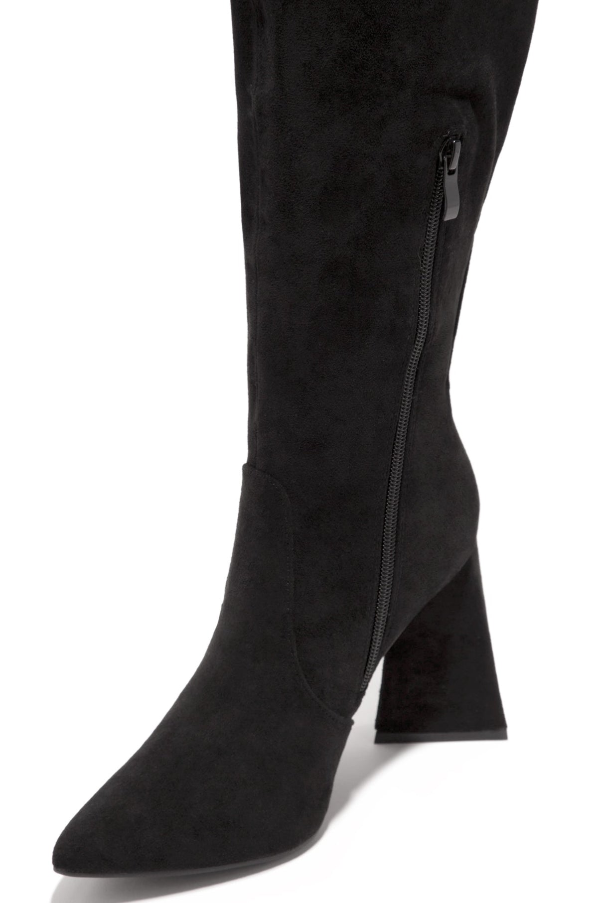 Kenedi Triangle Block Heels Boots - Black Suede