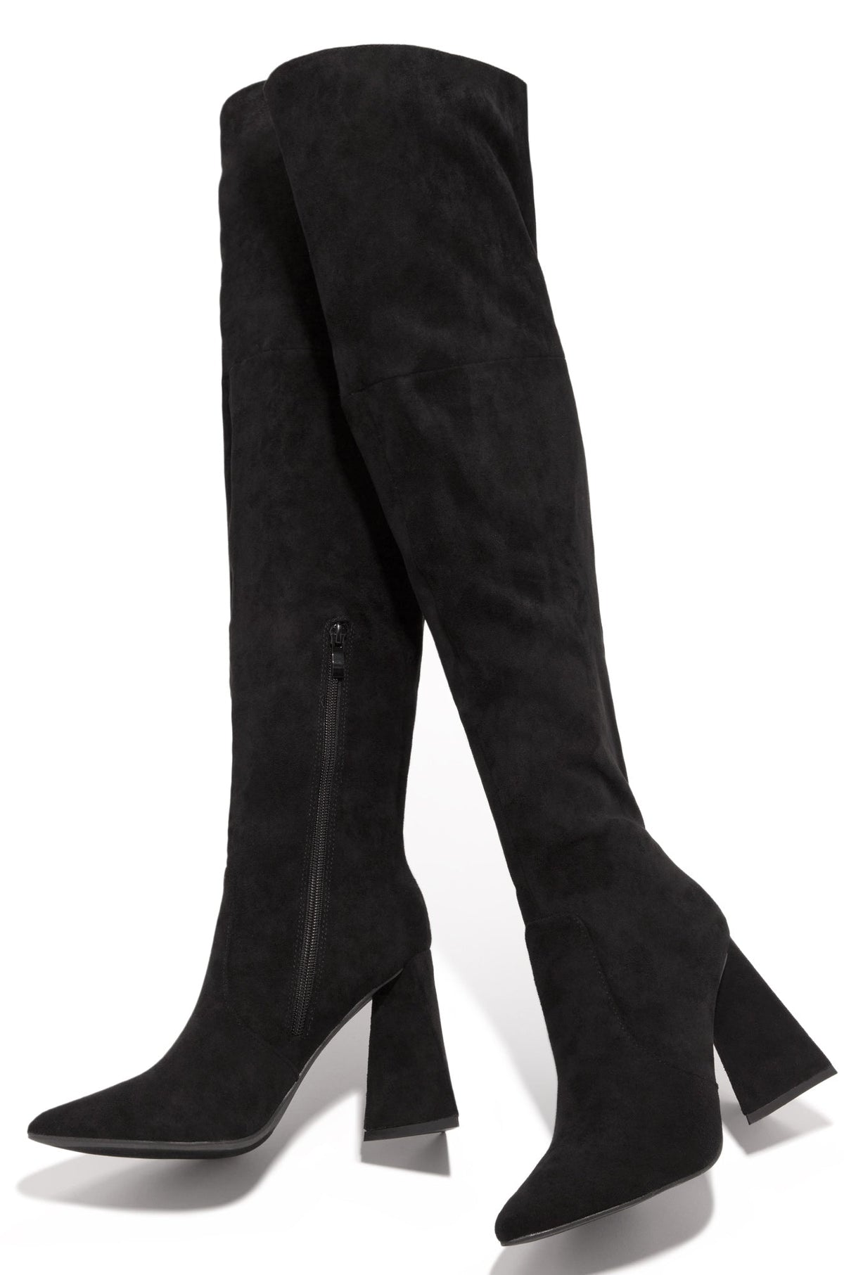 Kenedi Triangle Block Heels Boots - Black Suede