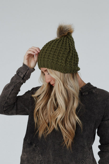 Aspen Waffle Knit Faux Fur Beanie - Olive