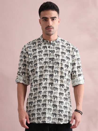 Animal Printed Band Collar Pure Cotton Short Kurta