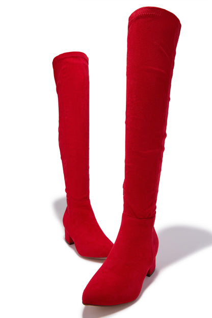 New Moon Over The Knee Block Heel Boots - Red