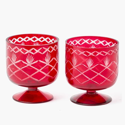 Small Red Engraved Glass Footed Bowl (Pair)