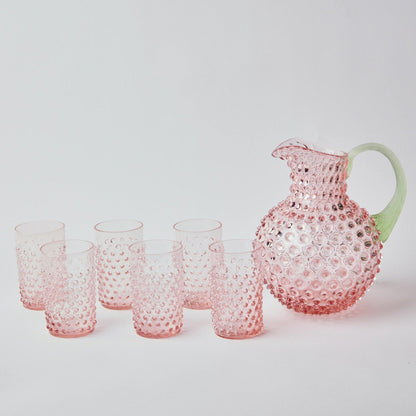 Rose Hobnail Jug with Emerald Handle & Glasses (Set of 6)