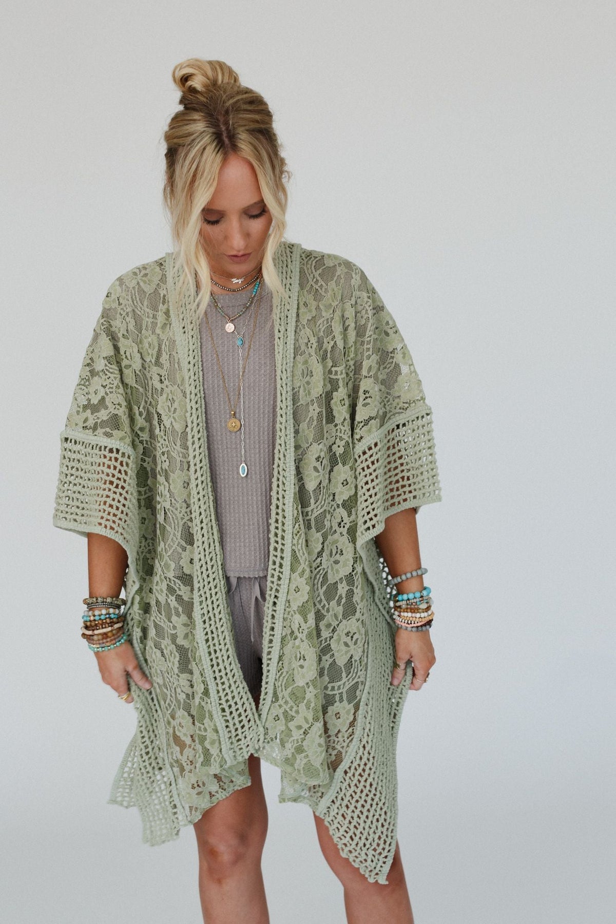 Breezy Floral Lace Kimono - Sage