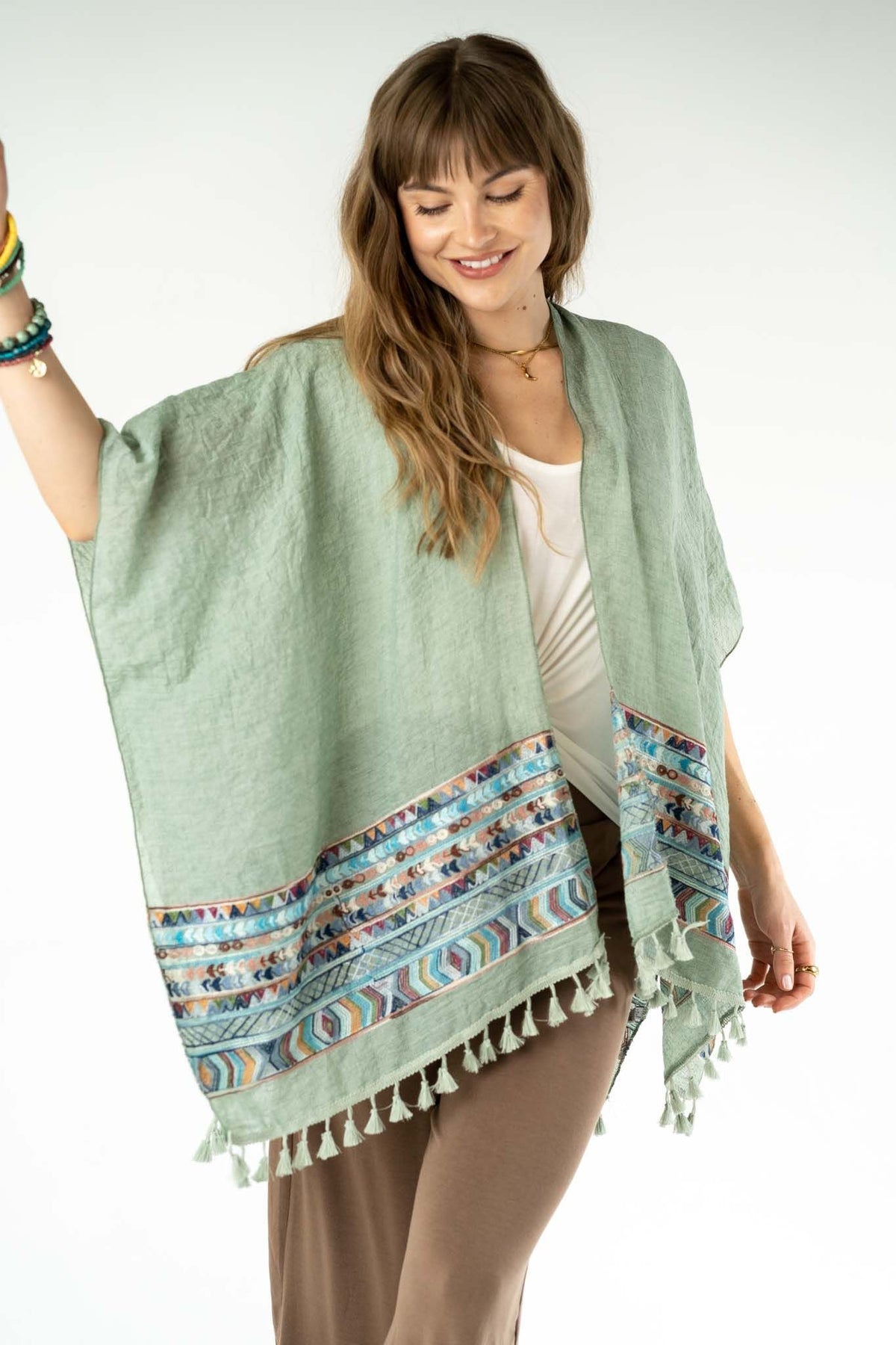 Fallon Embroidered Sleeve Kimono - Sage
