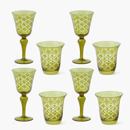 Olive Engraved Glassware (Set of 8)