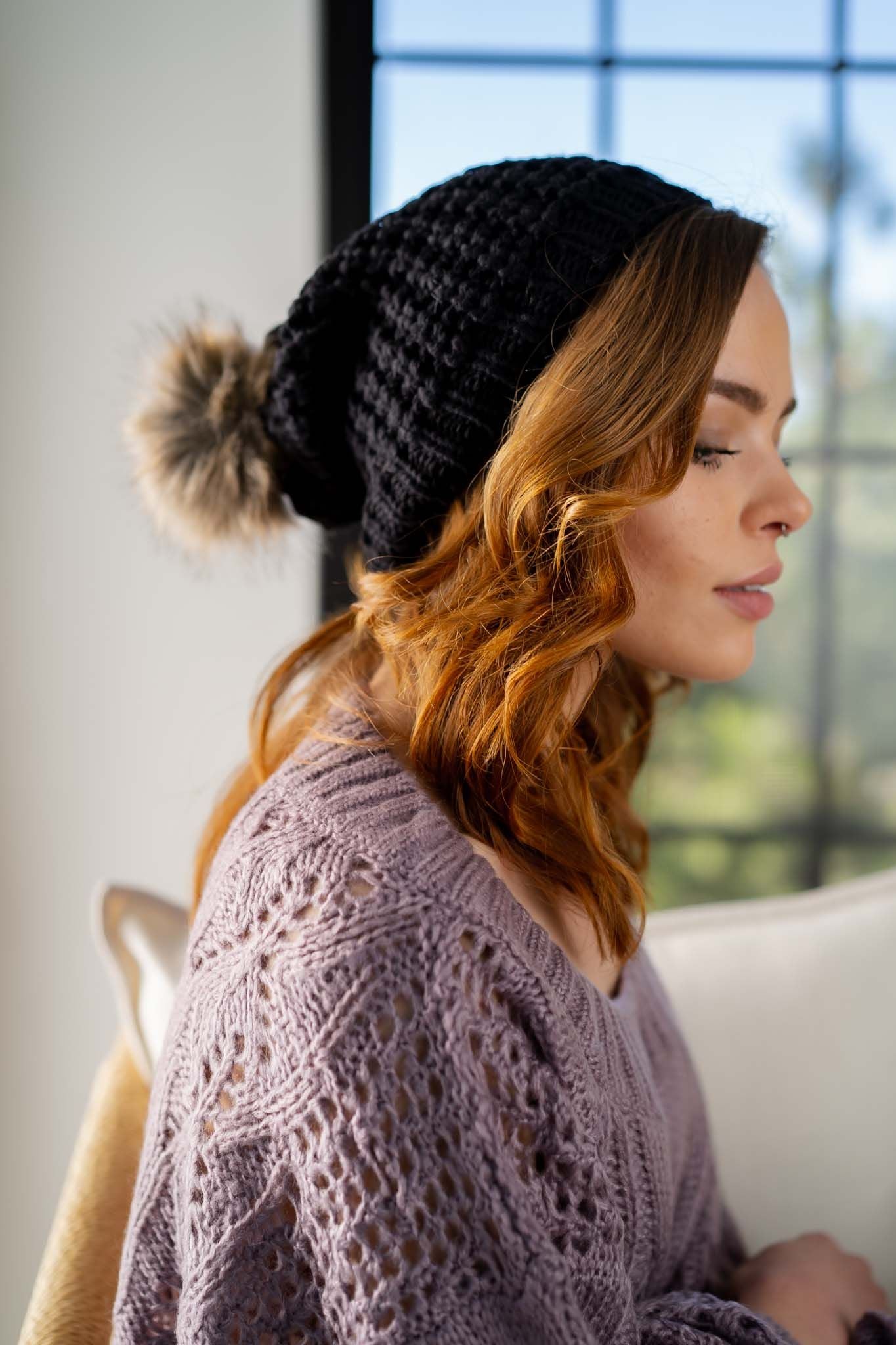 Aspen Waffle Knit Faux Fur Beanie - Black