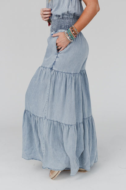 Harlow Wide Leg Chambray Jumpsuit - Blue